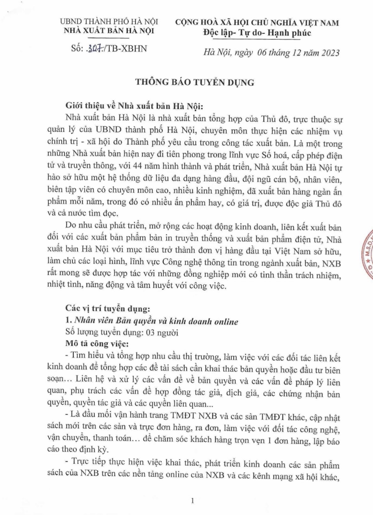 THÔNG BÁO TUYỂN DỤNG